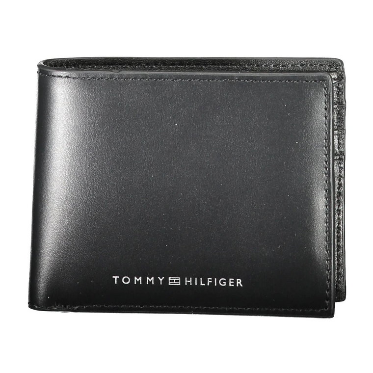 Czarna Skórzana Portmonetka z Podwójnymi Przegródkami na Karty i Logo Tommy Hilfiger