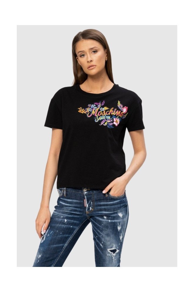 MOSCHINO Czarny t-shirt z logo i kwiatami