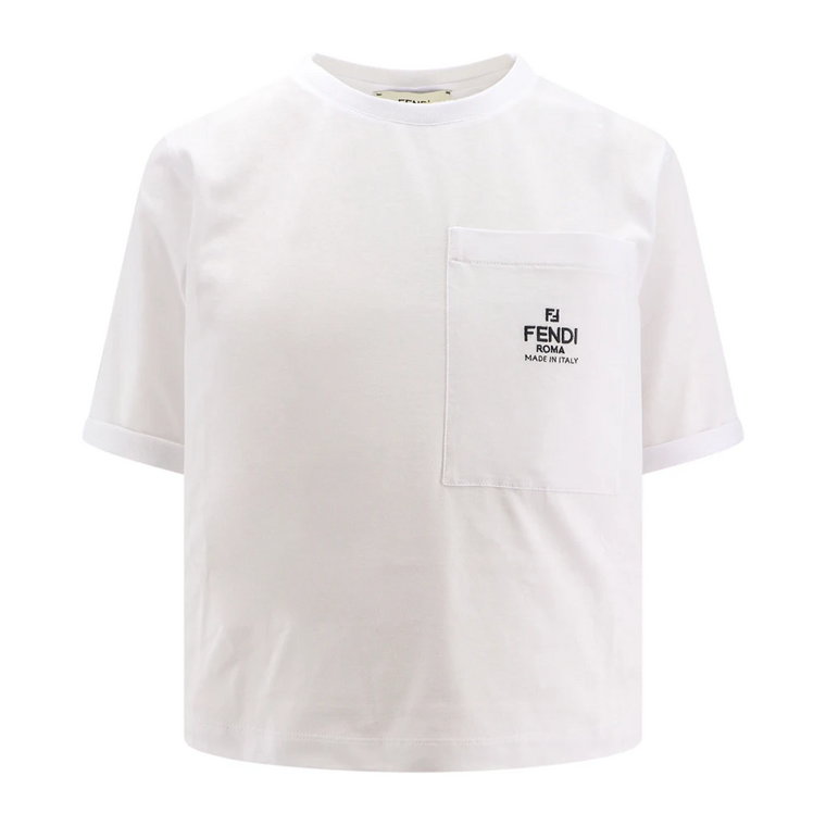 Biała T-shirt z okrągłym dekoltem i kieszenią Fendi
