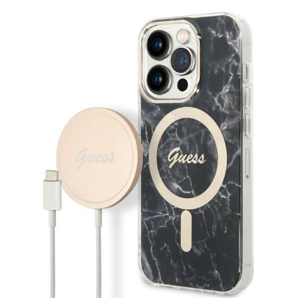 Zestaw Guess GUBPP14LHMEACSK Case+ Charger iPhone 14 Pro 6,1" czarny/black hard case Marble MagSafe