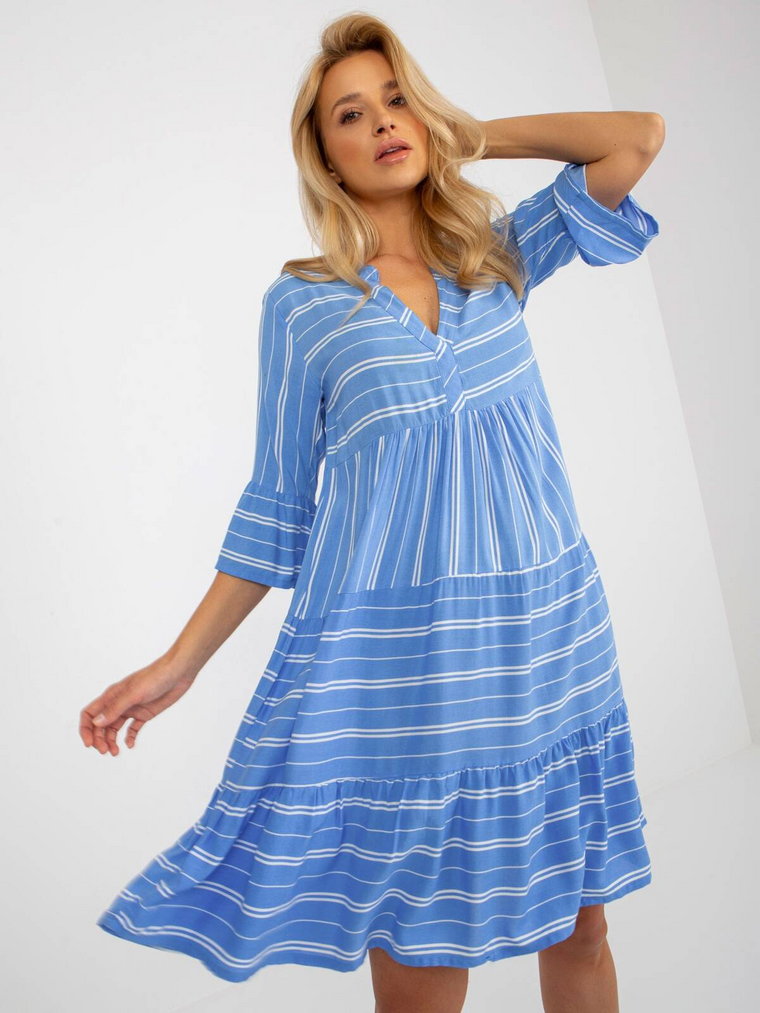 Sukienka z printem niebieski letnia boho codzienna dekolt w kształcie V rękaw 3/4 długość przed kolano midi falbana odzież ekologiczna