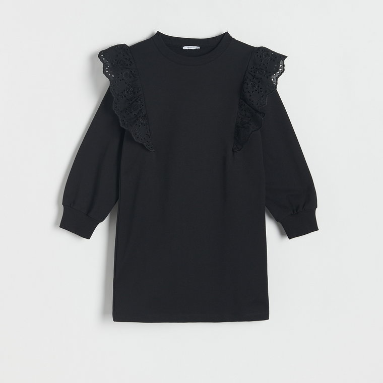 Reserved - Sukienka z ażurową falbaną - czarny