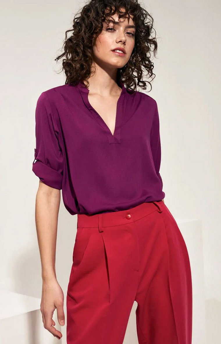 Wiskozowa bluzka damska z podwijanym rękawem w kolorze purpurowym B147, Kolor purpurowy, Rozmiar 36, Nife