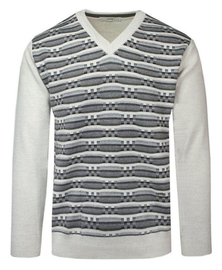 Sweter Beżowy w Serek, Wzór Geometryczny, V-neck, Męski, Cienki -YAMAK