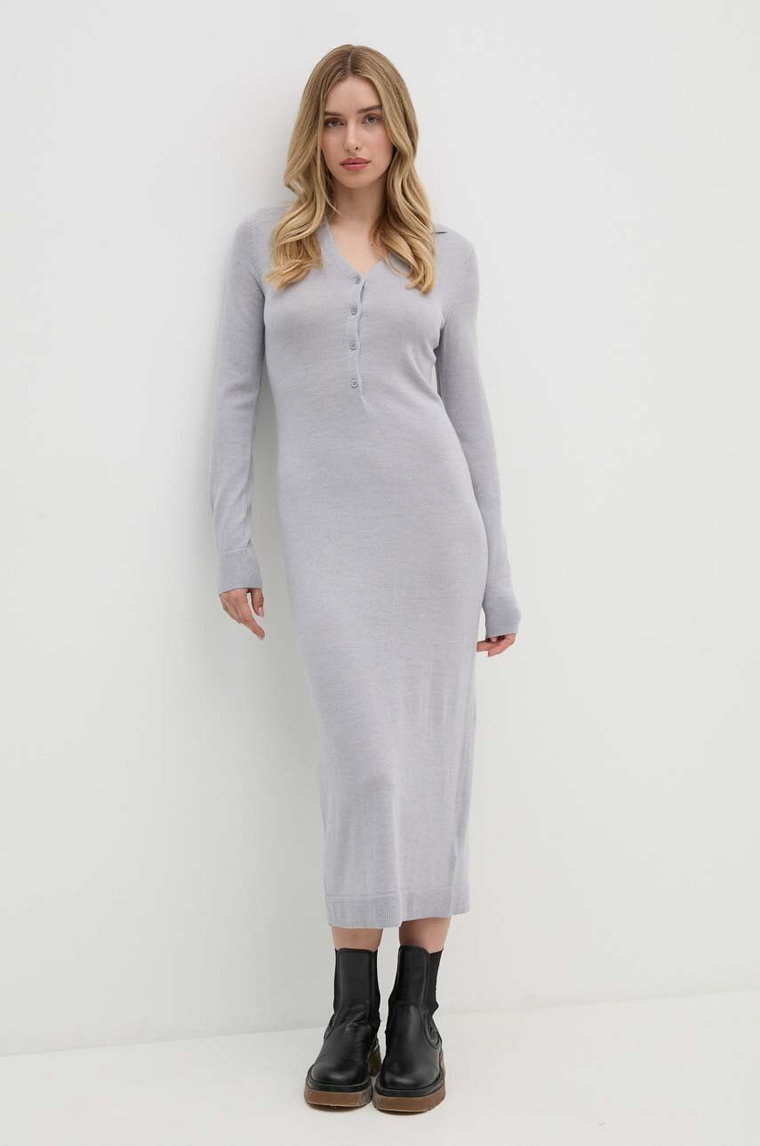 Calvin Klein sukienka wełniana kolor szary midi prosta K20K207219