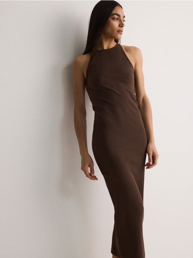 Reserved - Sukienka maxi z bawełnianej dzianiny - brązowy