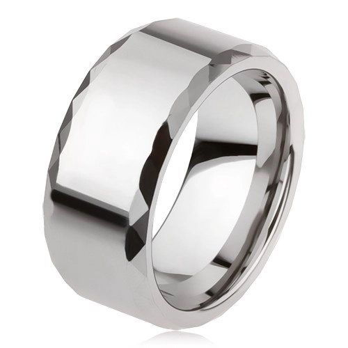 Wolframowy pierścionek srebrnego koloru, geometrycznie szlifowane krawędzie, gładka powierzchnia - Rozmiar : 49