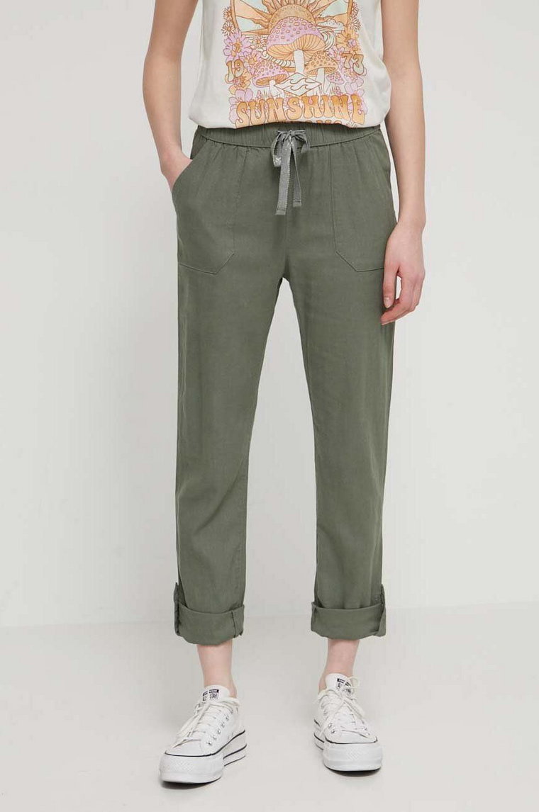 Roxy spodnie lniane damskie kolor zielony proste high waist