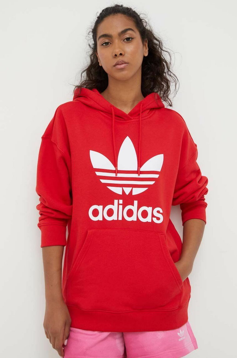 adidas Originals bluza bawełniana damska kolor czerwony z kapturem wzorzysta