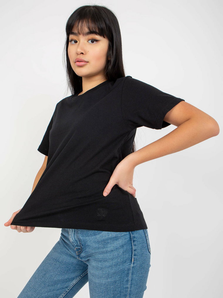 T-shirt jednokolorowy czarny casual dekolt okrągły rękaw krótki odzież ekologiczna