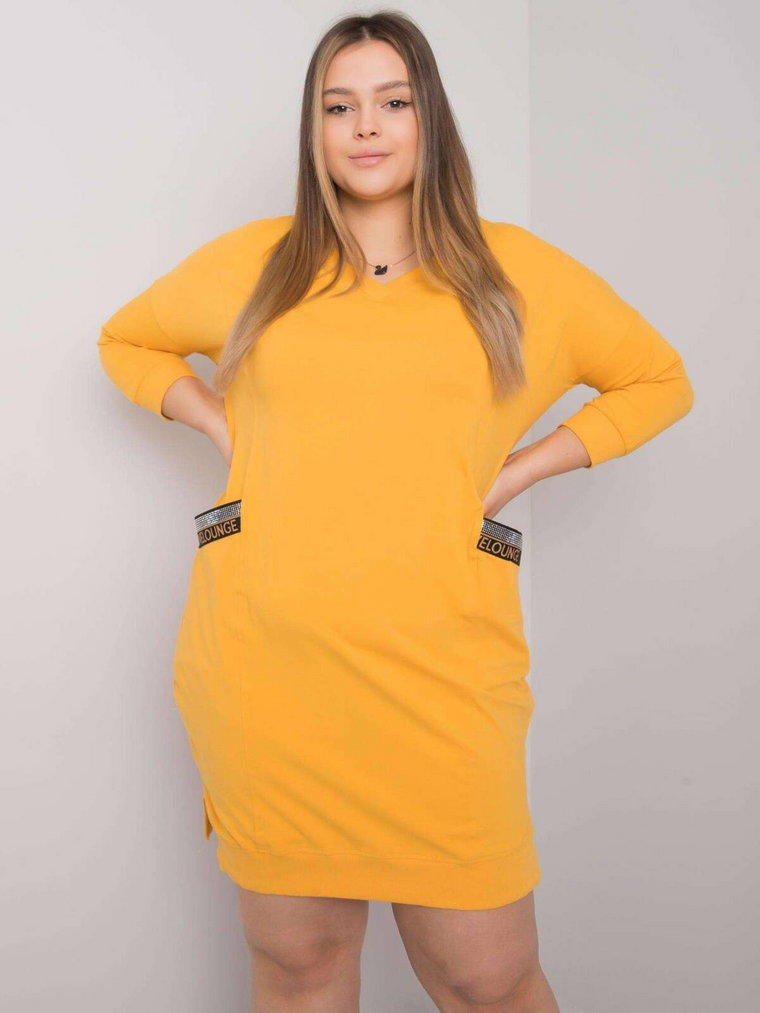 Sukienka plus size ciemny żółty casual codzienna dresowa dekolt w kształcie V rękaw długi długość przed kolano dżety