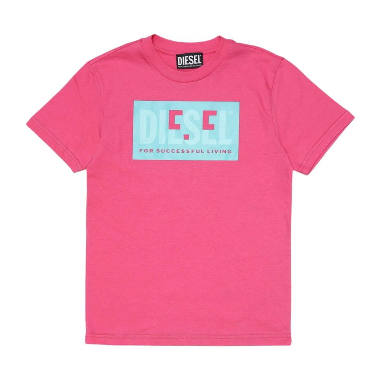 Fuchsia Dziecięcy T-shirt z turkusowym nadrukiem logo Diesel