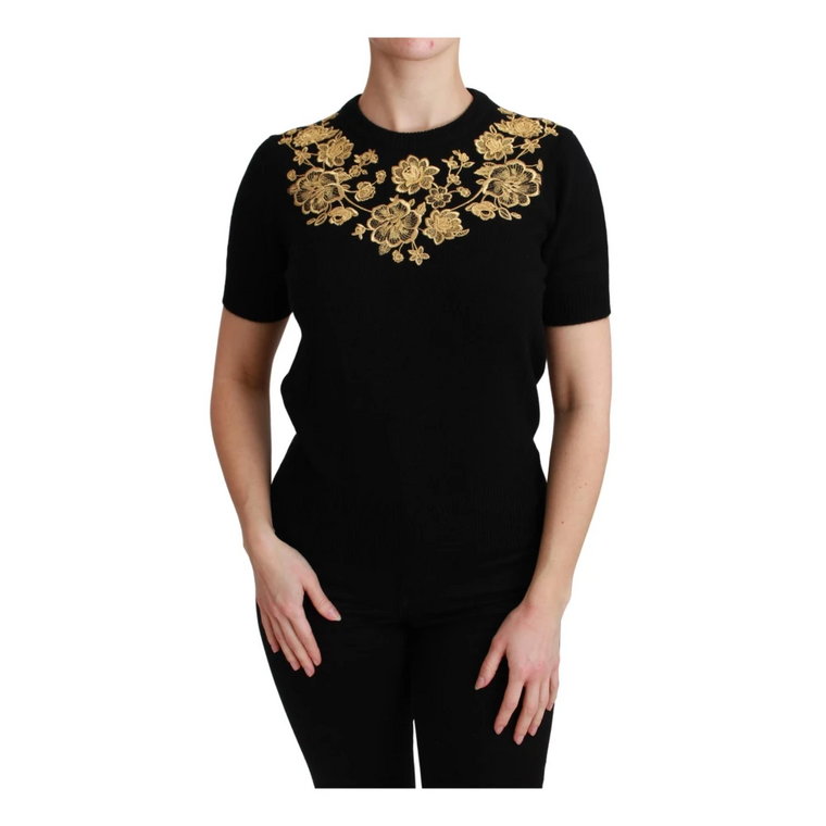 Black Cashmere Gold Floral Sweater Top Dolce & Gabbana