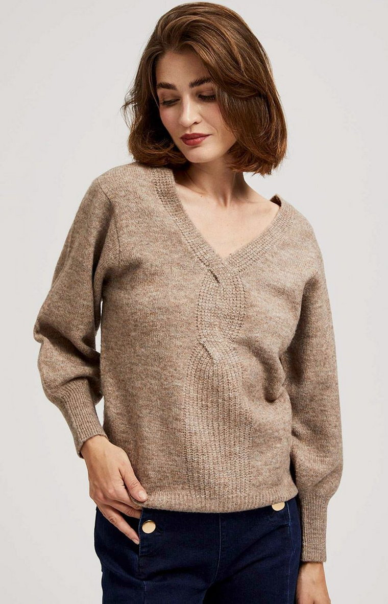 Sweter z dekoltem w serek 4260, Kolor beżowy, Rozmiar XS, Moodo