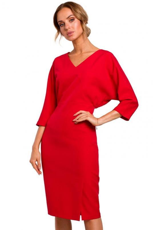 Sukienka elegancka ołówkowa zbluzowana góra i dekolt V czerwona