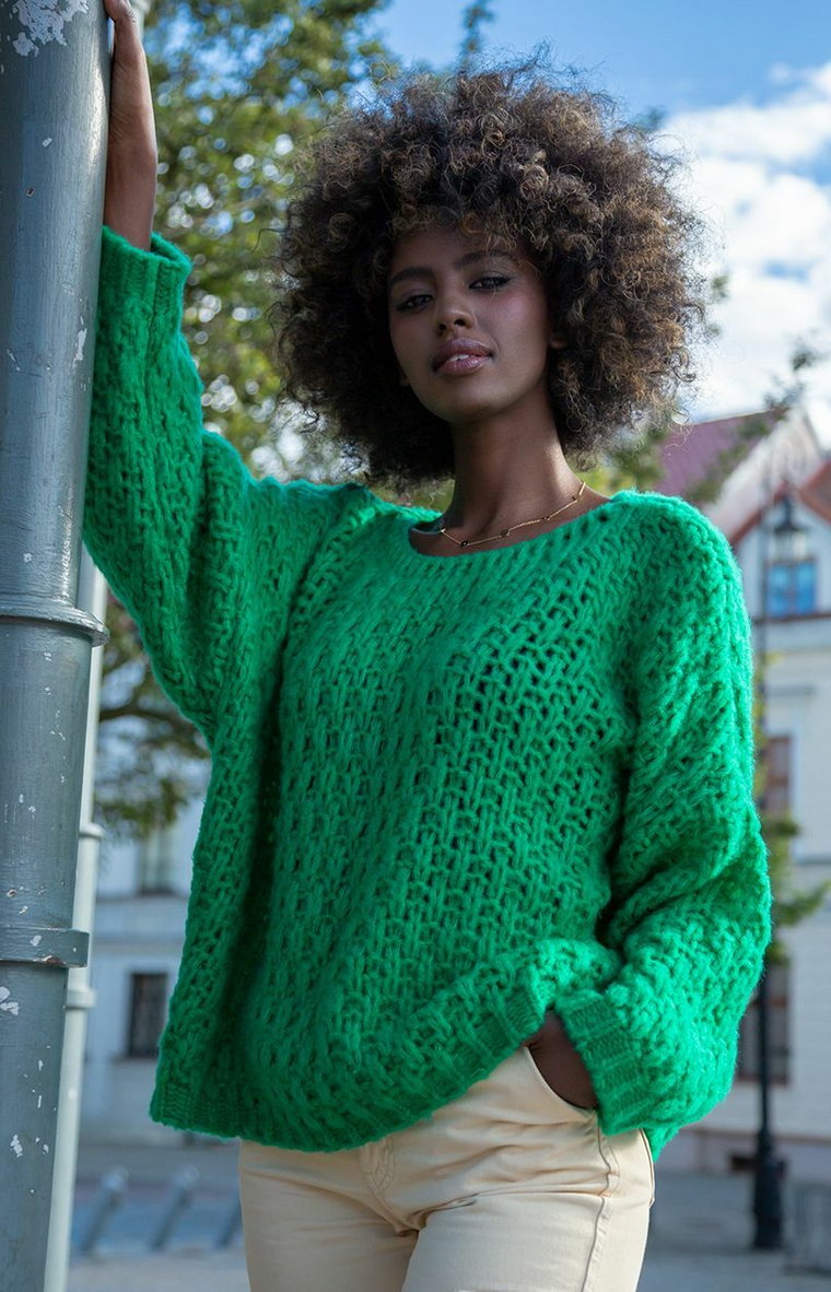 Zielony sweter damski oversize F1499, Kolor zielony, Rozmiar 2XS/XS, Fobya