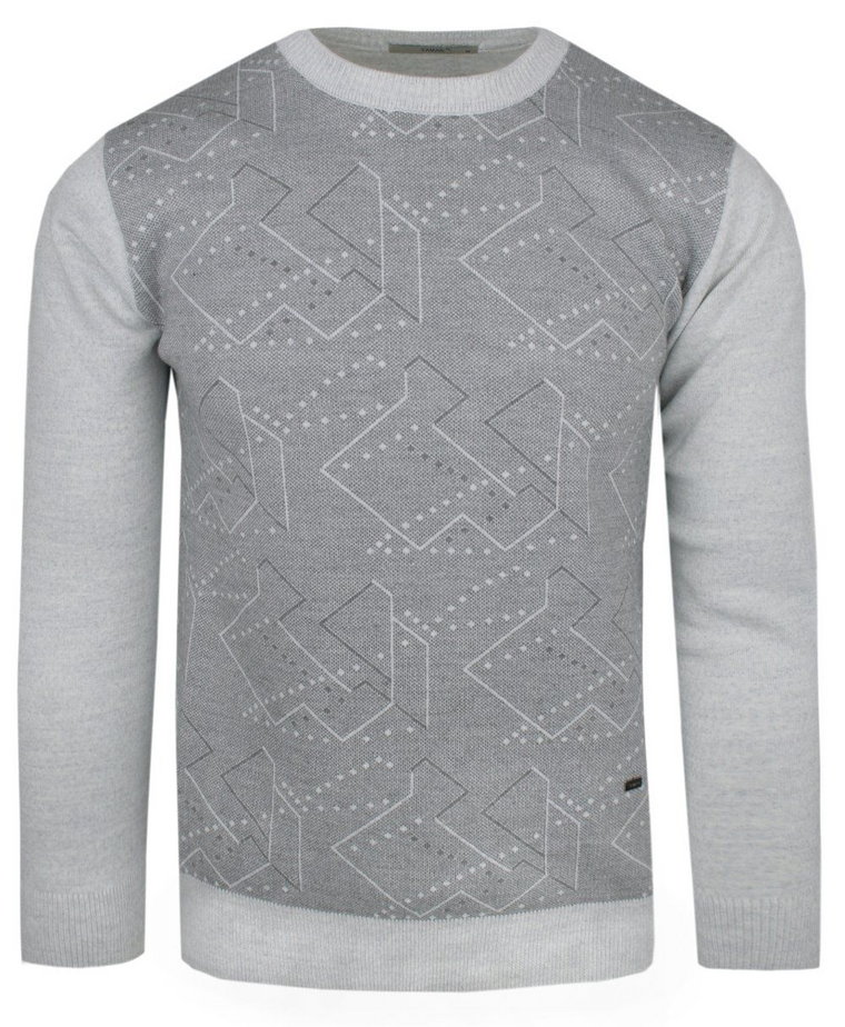 Sweter Męski - YAMAK - Popiel i Szarość, Geometryczny Wzór, U-Neck