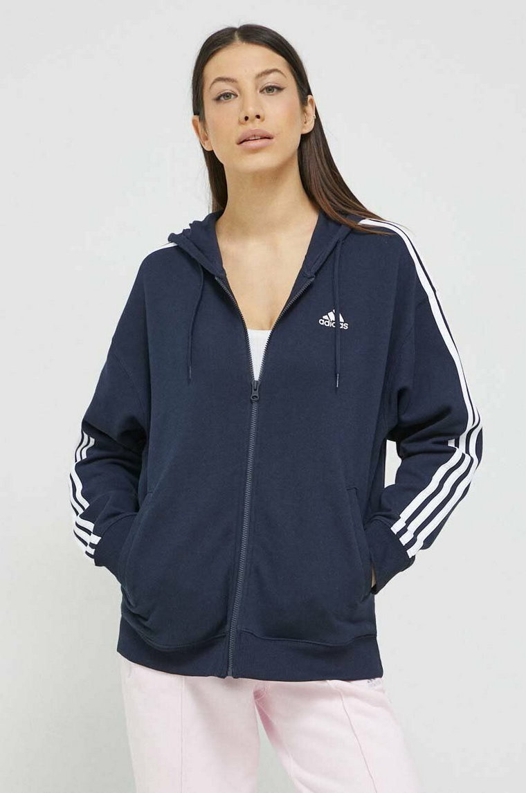 adidas bluza bawełniana damska kolor granatowy z kapturem z aplikacją