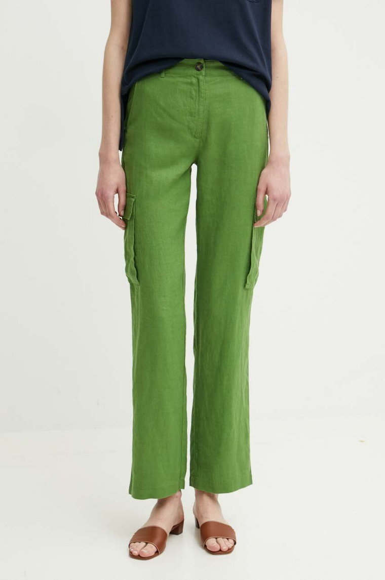 United Colors of Benetton spodnie lniane kolor zielony proste high waist