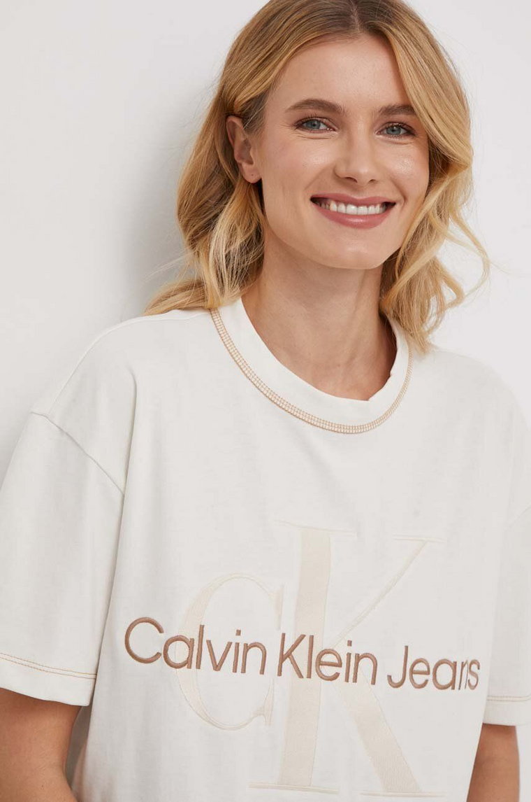 Calvin Klein Jeans t-shirt bawełniany damski kolor beżowy