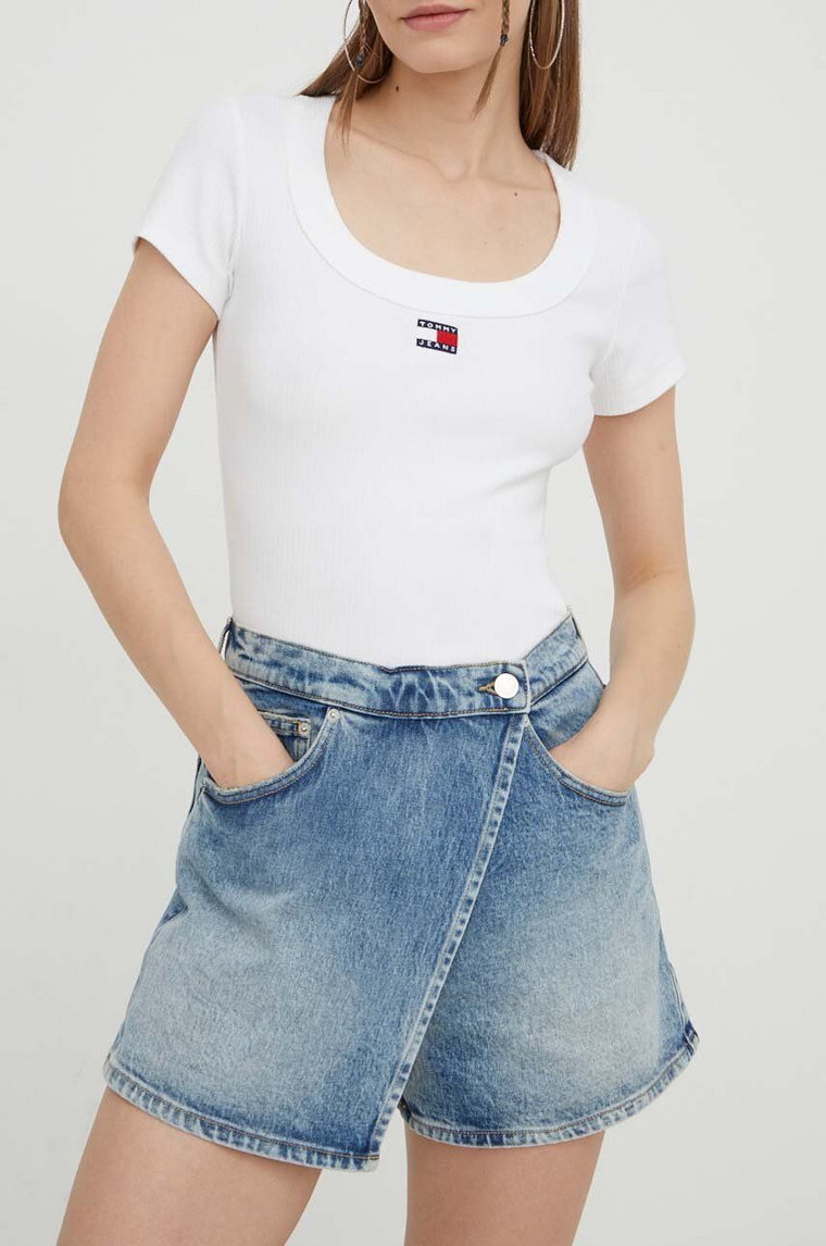 Tommy Jeans szorty jeansowe damskie kolor niebieski gładkie high waist DW0DW16977