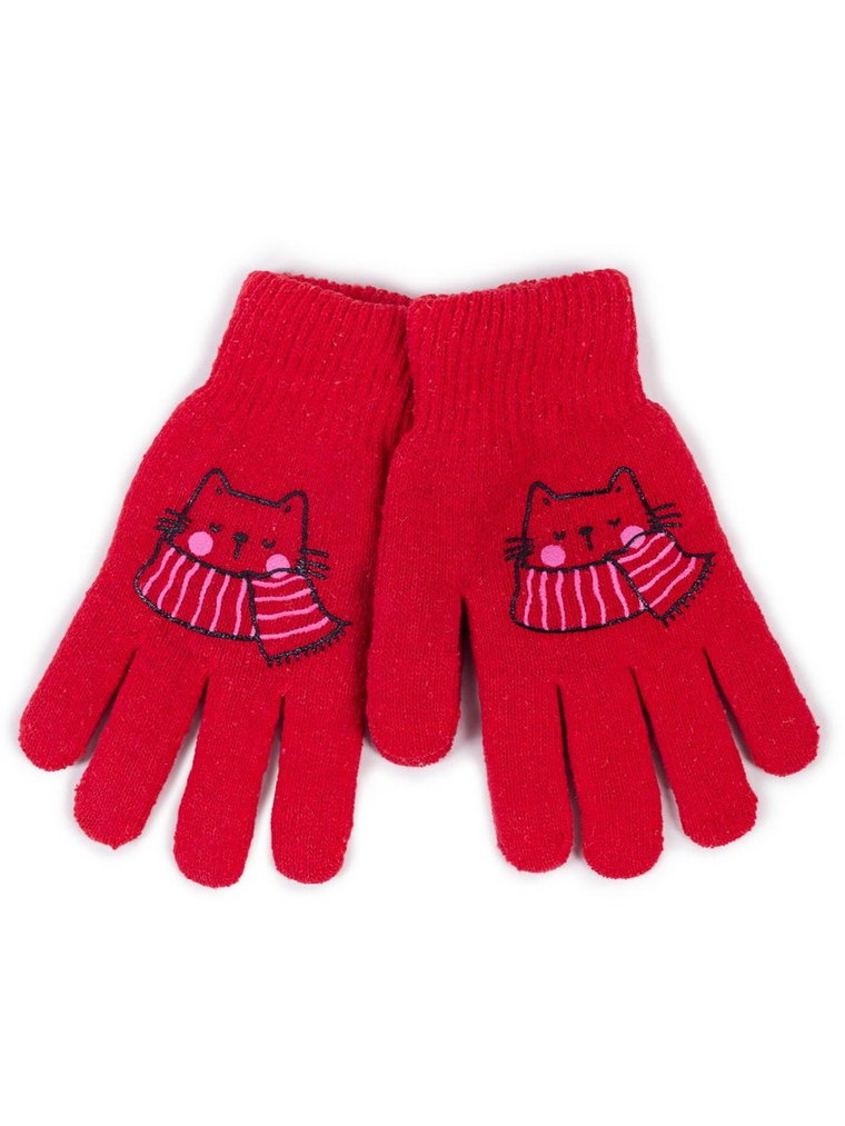 Rękawiczki dziewczęce pięciopalczaste dwuwarstwowe czerwone z kotkiem 18 cm YOCLUB