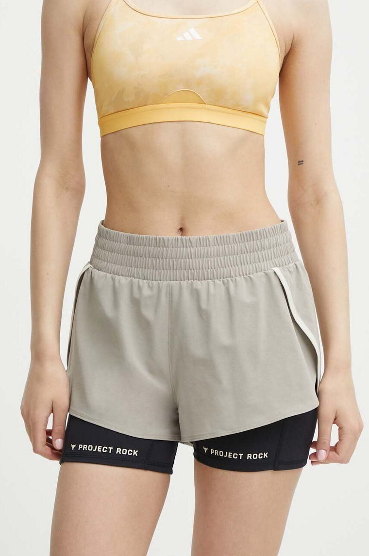 Under Armour szorty treningowe Project Rock kolor beżowy z nadrukiem high waist