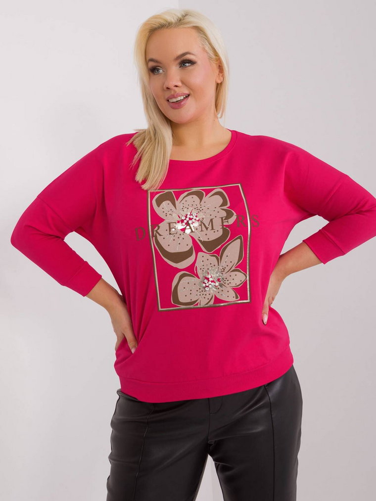 Bluzka plus size fuksjowy casual codzienna dekolt okrągły rękaw 3/4 dżety cyrkonie