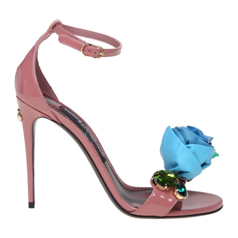 Różowe sandały z lakierowanej skóry z haftowanym kwiatem Dolce & Gabbana