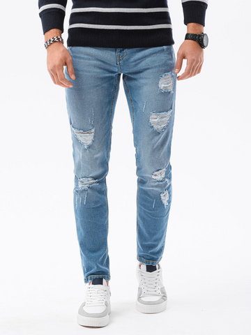 Spodnie męskie jeansowe z dziurami REGULAR FIT P1024 - jasnoniebieskie - M