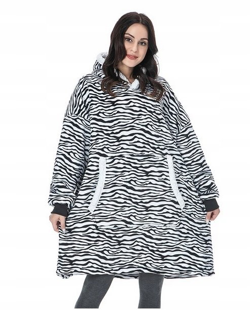 Ciepła Bluza Oversize Xxl Koc Włochacz Futrzak 2W1 Kocobluza Zebra Zeberka