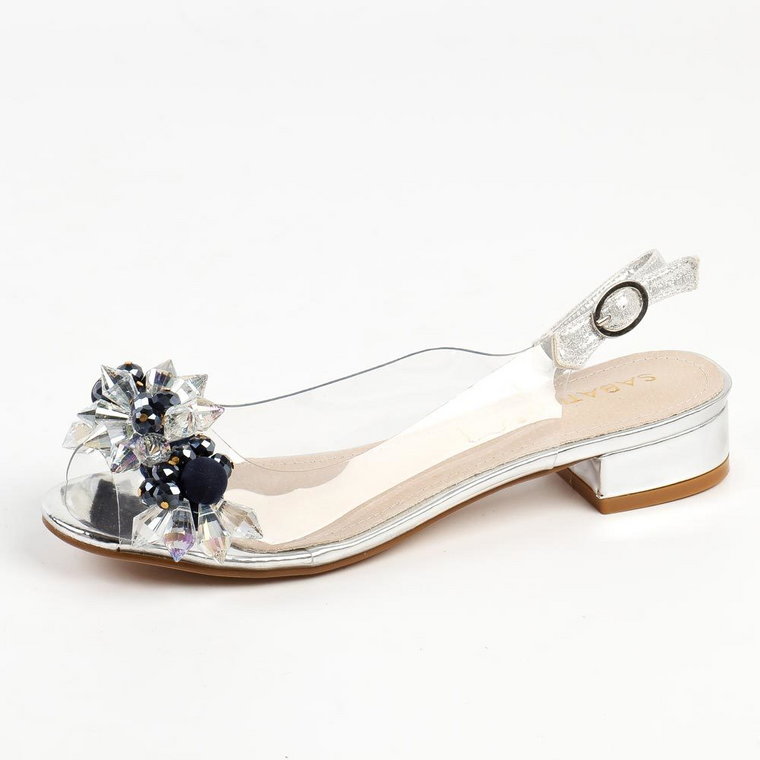 Srebrne silikonowe sandały damskie na obcasie z kryształami, transpare