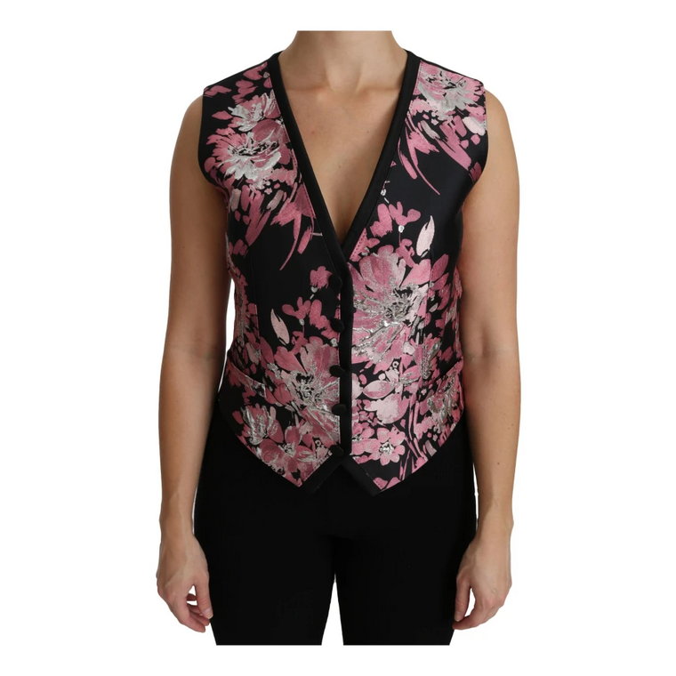 Black Pink Floral Waistcoat Vest Blouse Top Dolce & Gabbana