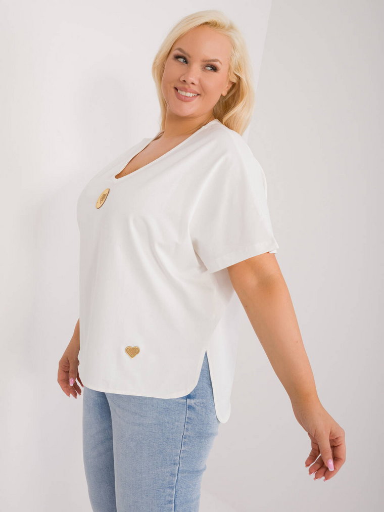 Bluzka plus size ecru casual codzienna dekolt w kształcie V rękaw krótki naszywki