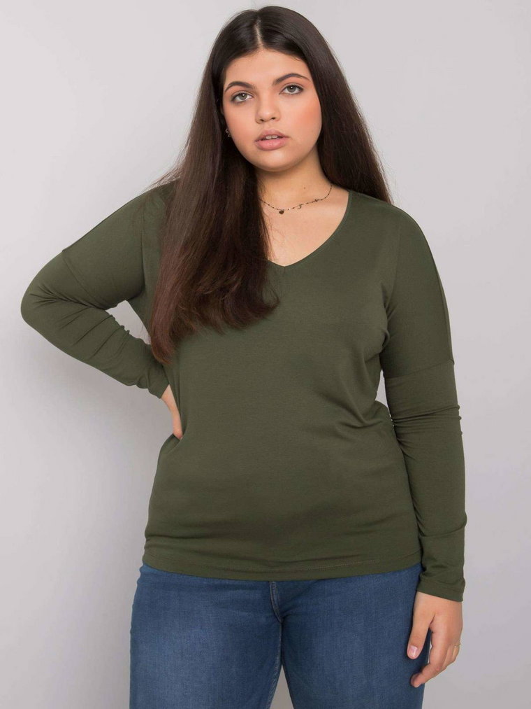 Bluzka plus size khaki casual dekolt w kształcie V rękaw długi