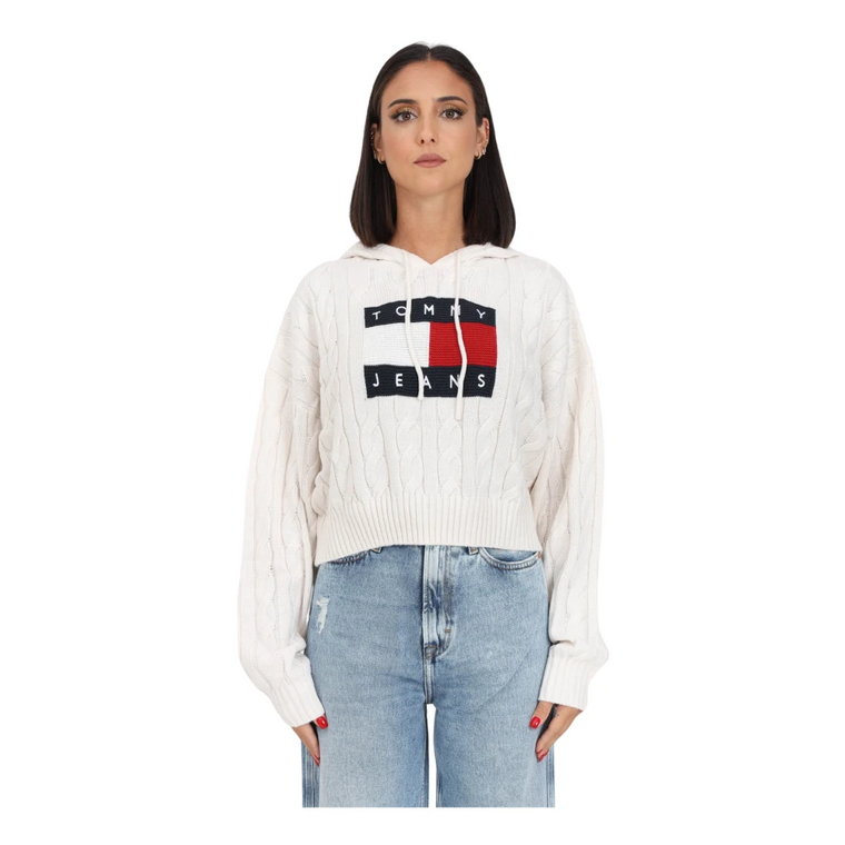 Biała Swetrowa Crop Hoodie Tommy Jeans