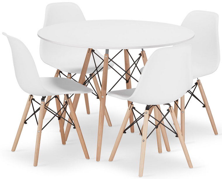 Zestaw biały okrągły stół 100 cm i 4 krzesła - Osato 7X 3 kolory