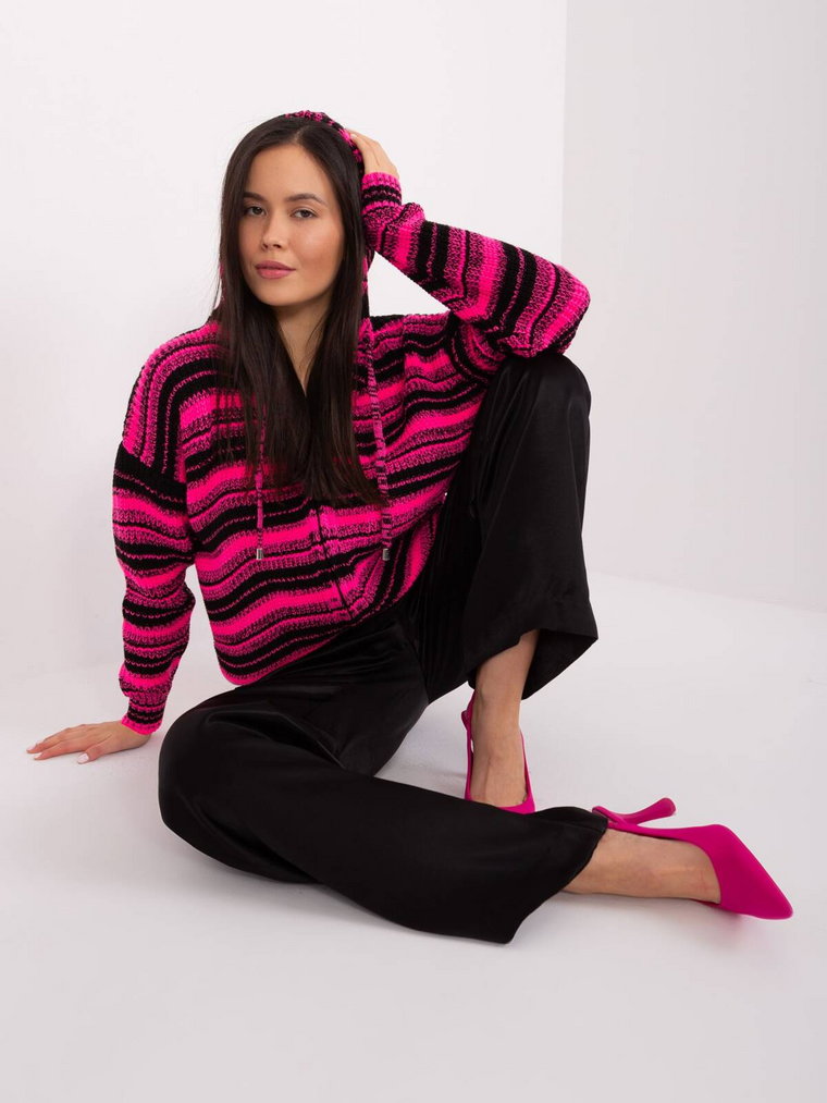 Sweter rozpinany czarno-różowy casual kaptur rękaw długi suwak