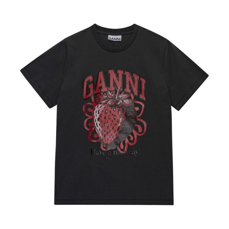 Czarna Koszulka z Organicznej Bawełny z Nadrukiem Logo Ganni