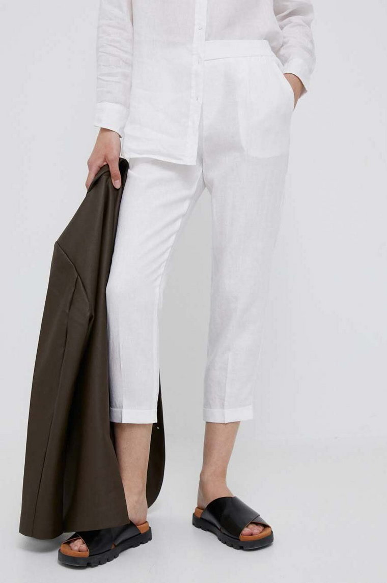 United Colors of Benetton spodnie lniane kolor biały proste high waist