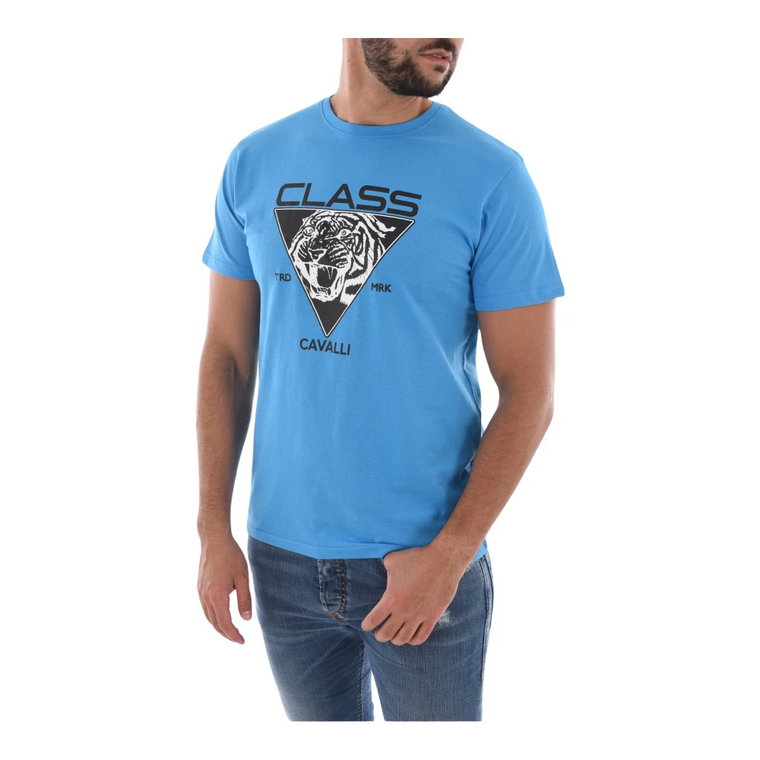 Niebieski T-shirt z nadrukiem Cavalli Class