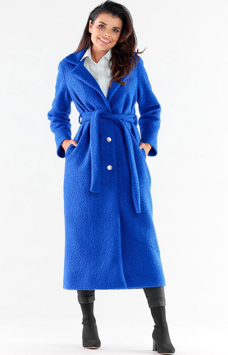 Długi płaszcz damski niebieski A547, Kolor niebieski, Rozmiar XL, Awama