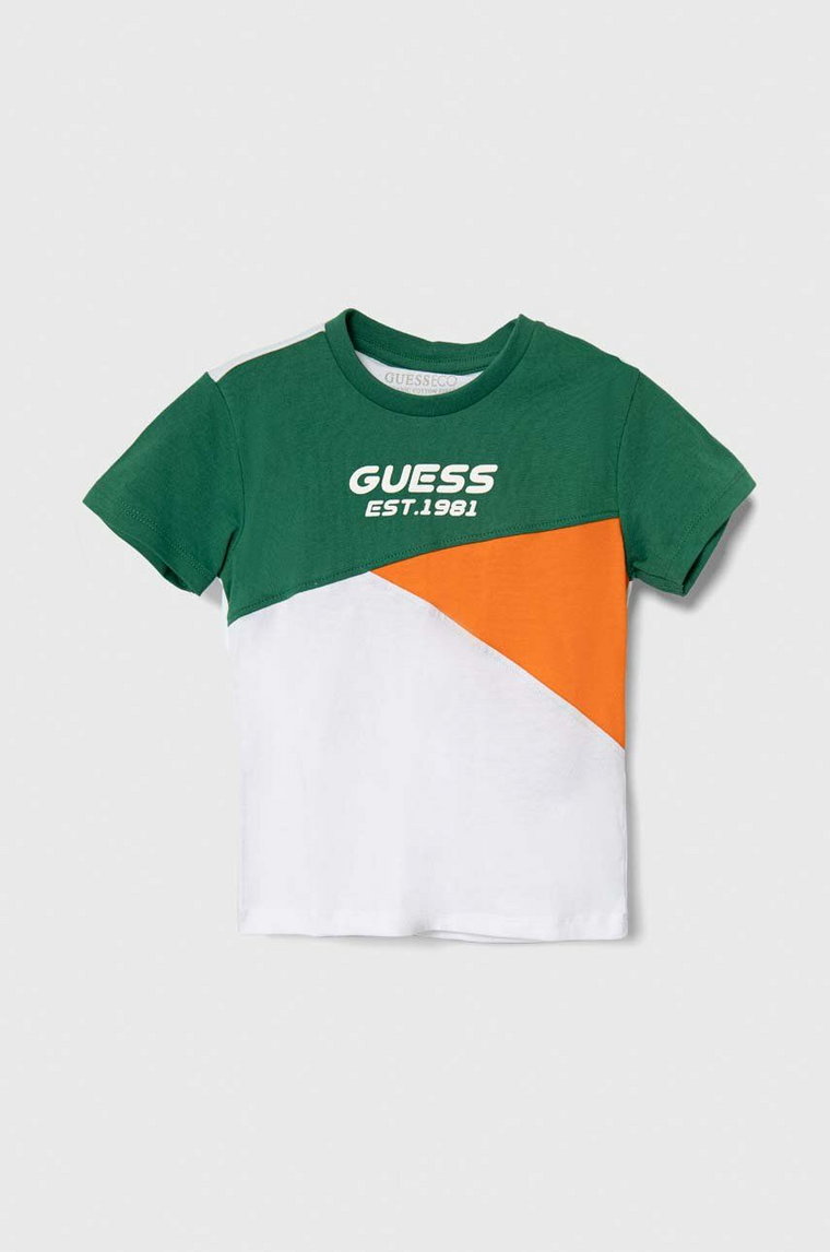 Guess t-shirt bawełniany dziecięcy kolor zielony wzorzysty