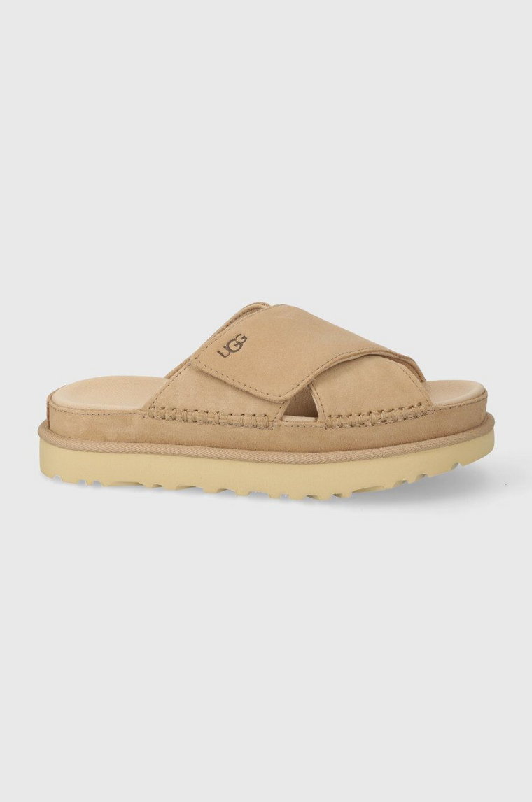 UGG klapki zamszowe Goldenstar Cross Slide damskie kolor beżowy na platformie 1137910