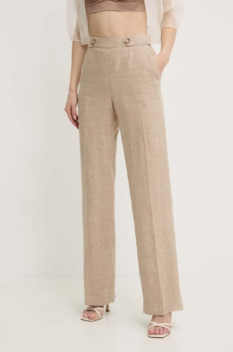 Luisa Spagnoli spodnie lniane kolor brązowy proste high waist