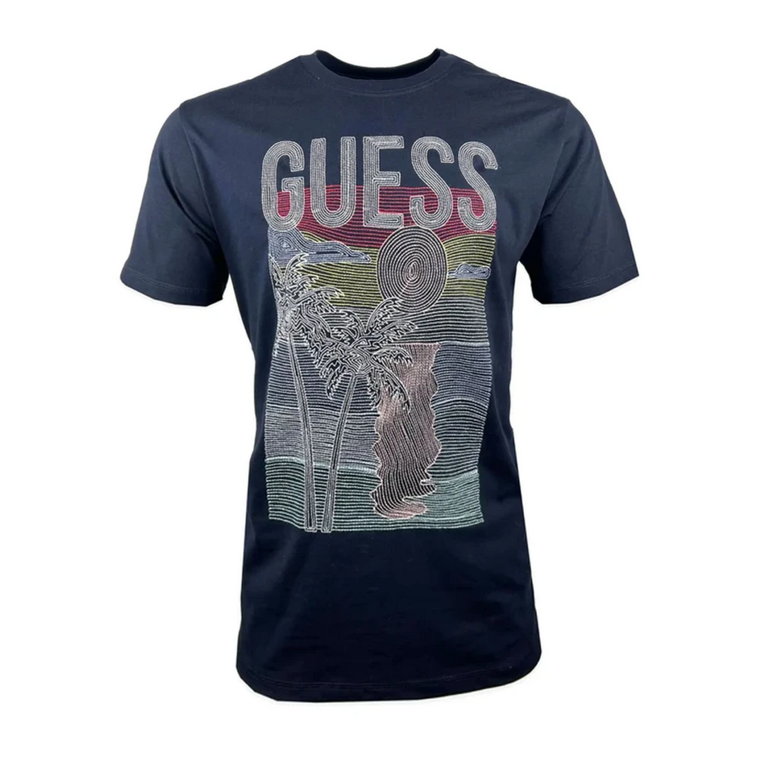 Fantazyjny T-shirt z nadrukiem - Niebieski O-neck Guess