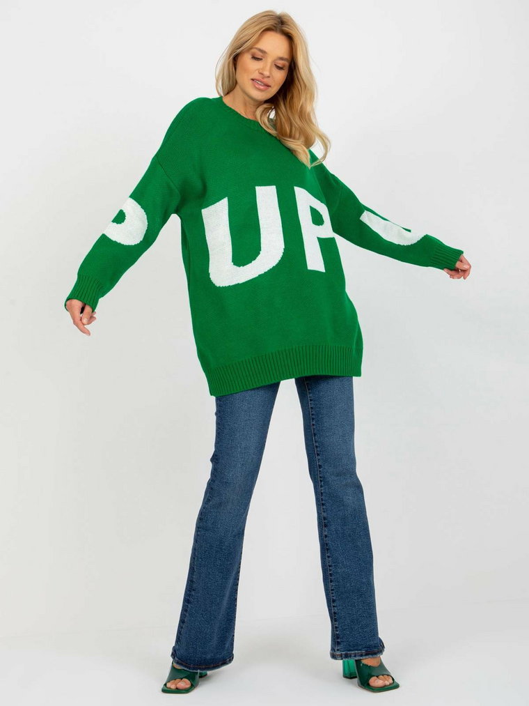 Sweter oversize zielony casual dekolt okrągły rękaw długi długość długa