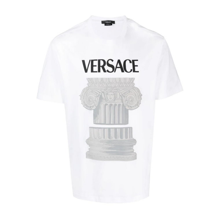 Biała Bawełniana Koszulka z Nadrukiem Column Versace