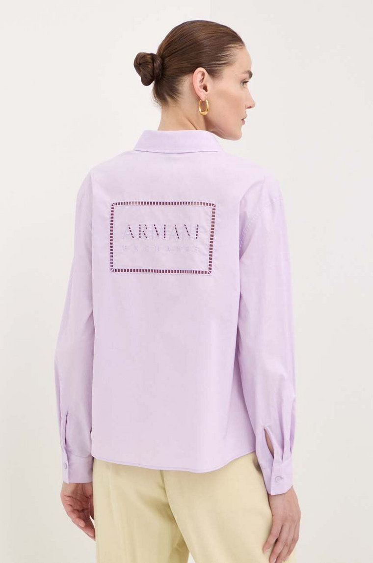 Armani Exchange koszula bawełniana damska kolor fioletowy regular z kołnierzykiem klasycznym 3DYC27 YN4RZ