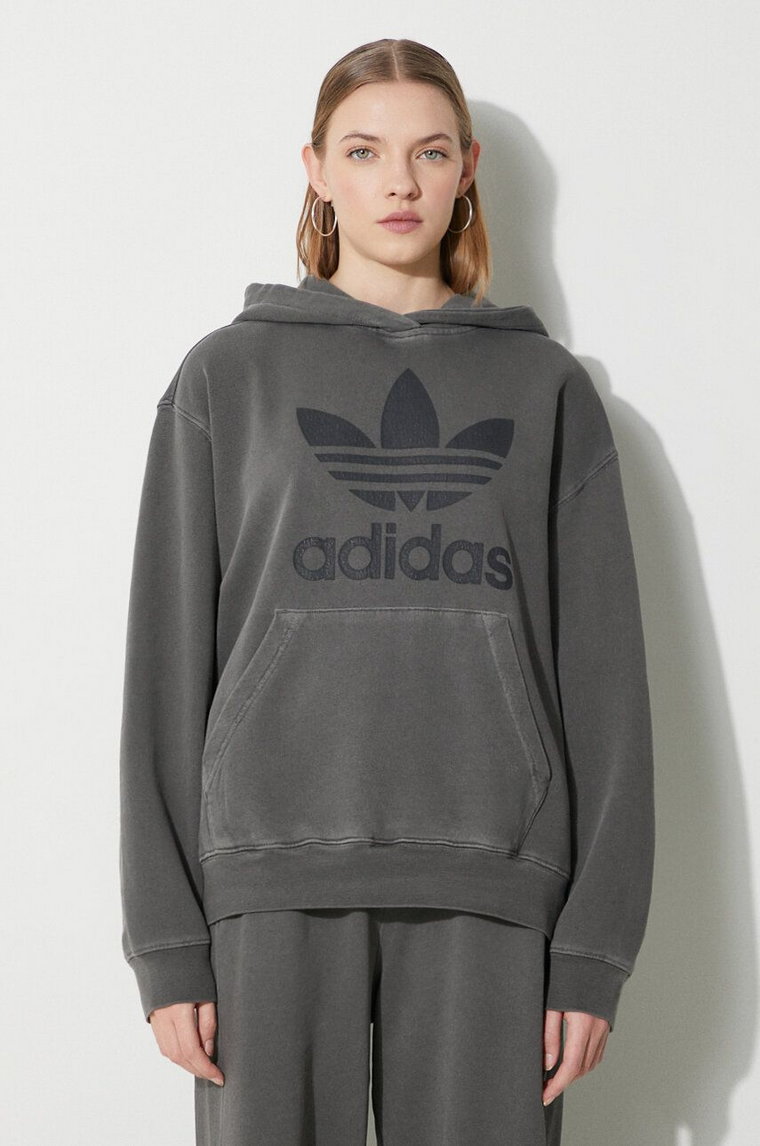 adidas Originals bluza bawełniana Washed Trefoil Hoody damska kolor szary z kapturem z nadrukiem IN2269